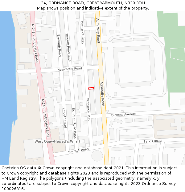 34, ORDNANCE ROAD, GREAT YARMOUTH, NR30 3DH: Location map and indicative extent of plot