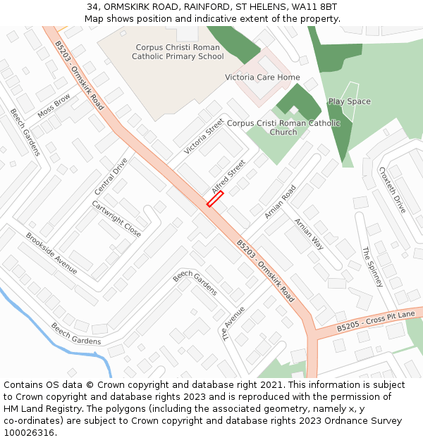 34, ORMSKIRK ROAD, RAINFORD, ST HELENS, WA11 8BT: Location map and indicative extent of plot