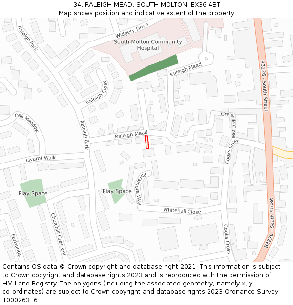 34, RALEIGH MEAD, SOUTH MOLTON, EX36 4BT: Location map and indicative extent of plot