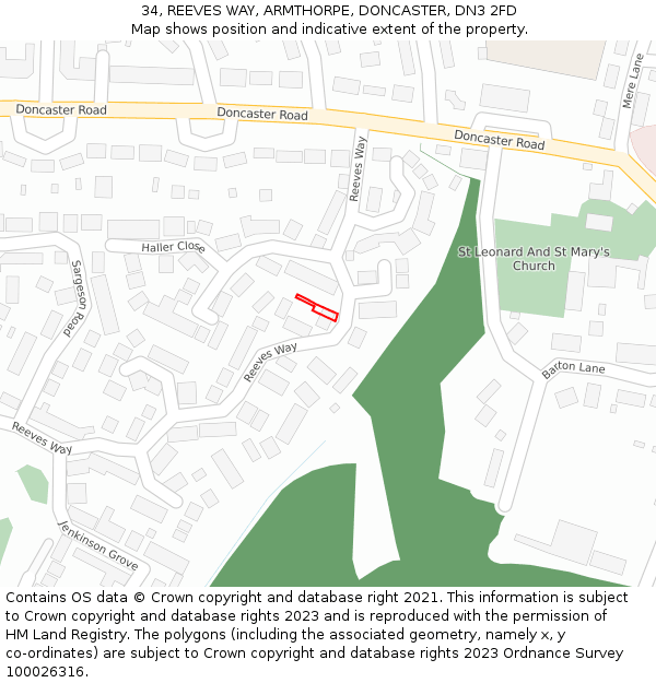 34, REEVES WAY, ARMTHORPE, DONCASTER, DN3 2FD: Location map and indicative extent of plot