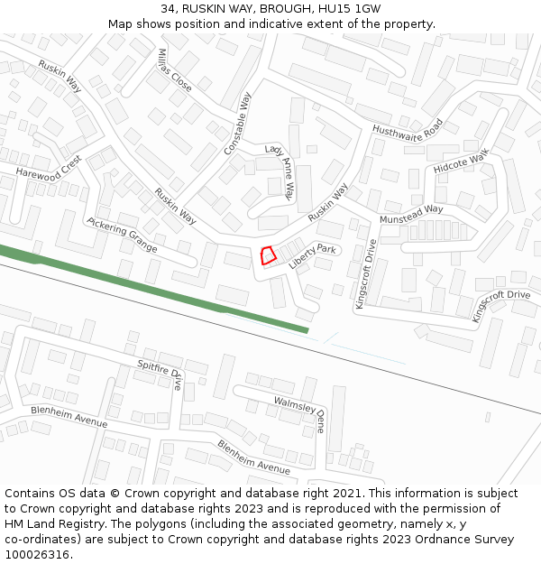 34, RUSKIN WAY, BROUGH, HU15 1GW: Location map and indicative extent of plot