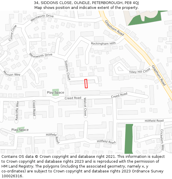 34, SIDDONS CLOSE, OUNDLE, PETERBOROUGH, PE8 4QJ: Location map and indicative extent of plot