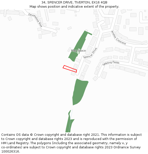 34, SPENCER DRIVE, TIVERTON, EX16 4QB: Location map and indicative extent of plot