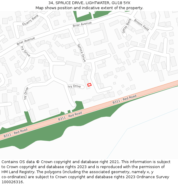 34, SPRUCE DRIVE, LIGHTWATER, GU18 5YX: Location map and indicative extent of plot