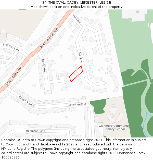 34, THE OVAL, OADBY, LEICESTER, LE2 5JB: Location map and indicative extent of plot