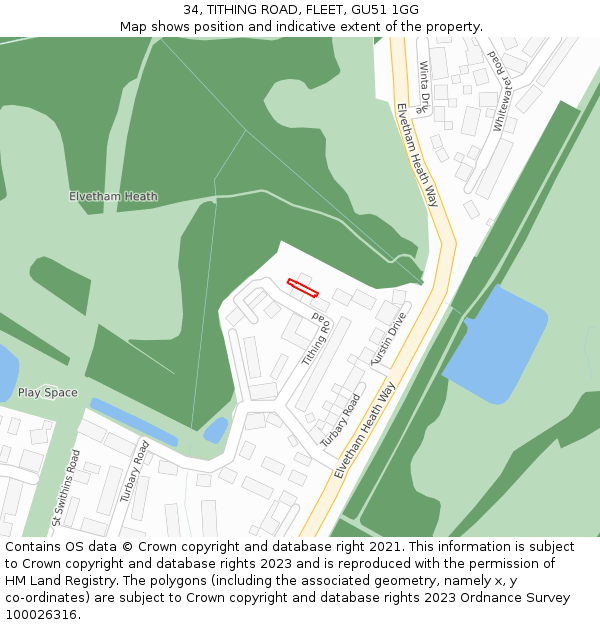 34, TITHING ROAD, FLEET, GU51 1GG: Location map and indicative extent of plot