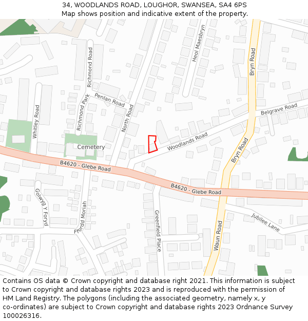 34, WOODLANDS ROAD, LOUGHOR, SWANSEA, SA4 6PS: Location map and indicative extent of plot