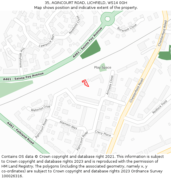 35, AGINCOURT ROAD, LICHFIELD, WS14 0GH: Location map and indicative extent of plot