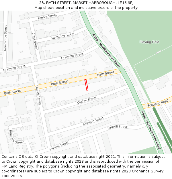 35, BATH STREET, MARKET HARBOROUGH, LE16 9EJ: Location map and indicative extent of plot