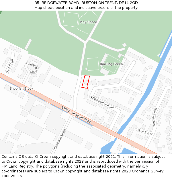 35, BRIDGEWATER ROAD, BURTON-ON-TRENT, DE14 2GD: Location map and indicative extent of plot