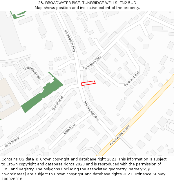 35, BROADWATER RISE, TUNBRIDGE WELLS, TN2 5UD: Location map and indicative extent of plot