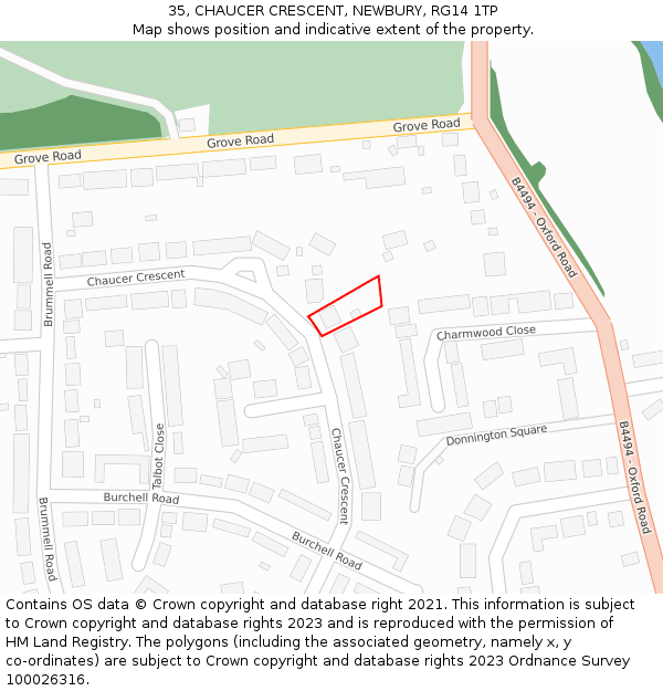 35, CHAUCER CRESCENT, NEWBURY, RG14 1TP: Location map and indicative extent of plot