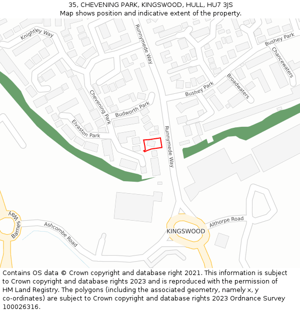 35, CHEVENING PARK, KINGSWOOD, HULL, HU7 3JS: Location map and indicative extent of plot