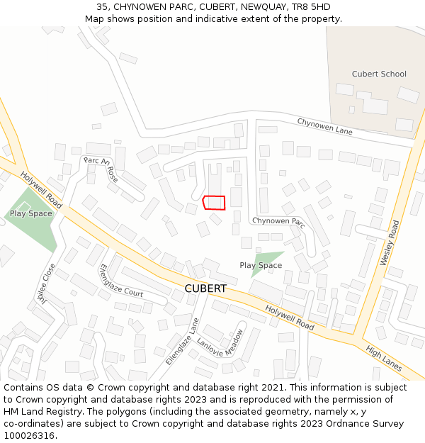 35, CHYNOWEN PARC, CUBERT, NEWQUAY, TR8 5HD: Location map and indicative extent of plot
