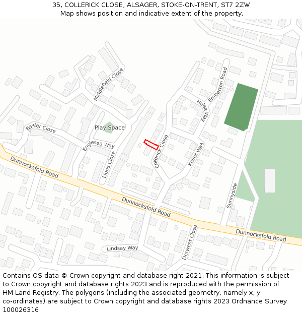 35, COLLERICK CLOSE, ALSAGER, STOKE-ON-TRENT, ST7 2ZW: Location map and indicative extent of plot