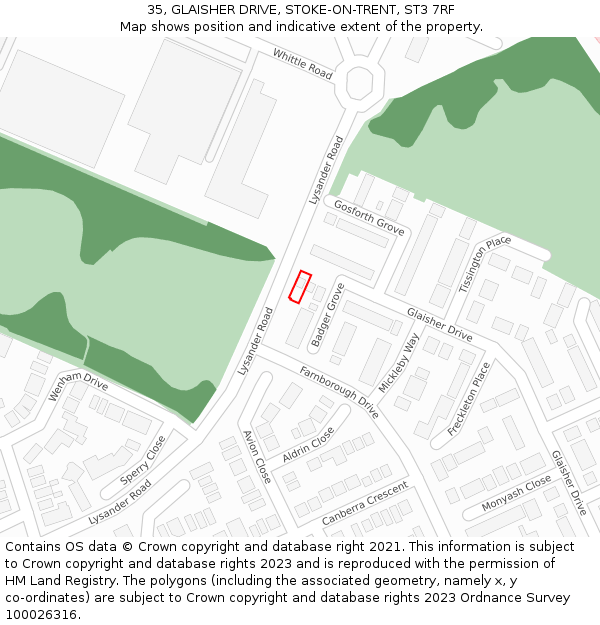 35, GLAISHER DRIVE, STOKE-ON-TRENT, ST3 7RF: Location map and indicative extent of plot