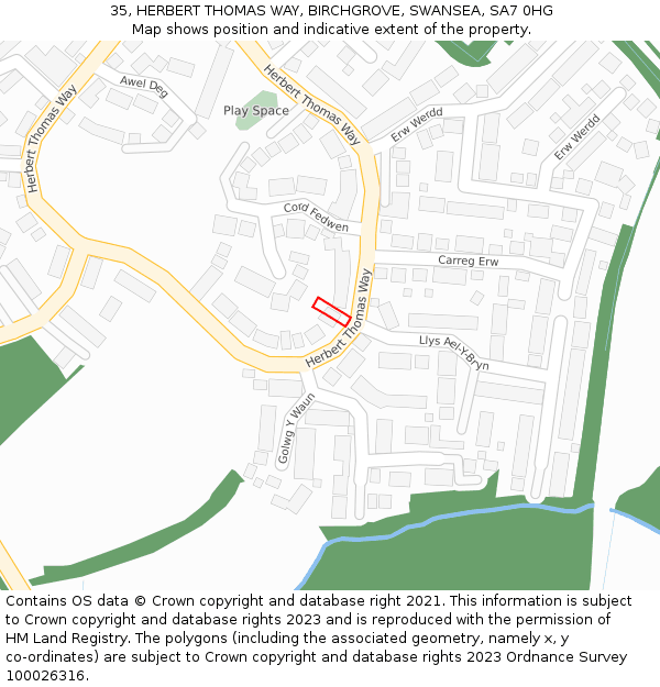 35, HERBERT THOMAS WAY, BIRCHGROVE, SWANSEA, SA7 0HG: Location map and indicative extent of plot