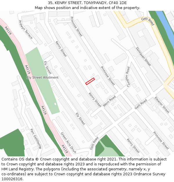 35, KENRY STREET, TONYPANDY, CF40 1DE: Location map and indicative extent of plot