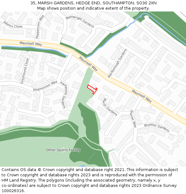 35, MARSH GARDENS, HEDGE END, SOUTHAMPTON, SO30 2XN: Location map and indicative extent of plot