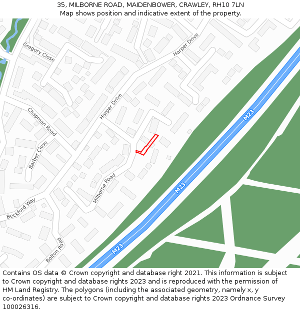 35, MILBORNE ROAD, MAIDENBOWER, CRAWLEY, RH10 7LN: Location map and indicative extent of plot