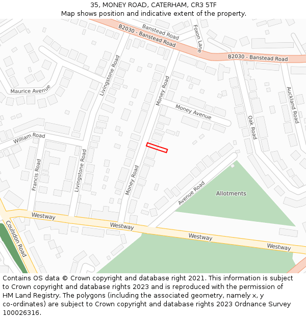 35, MONEY ROAD, CATERHAM, CR3 5TF: Location map and indicative extent of plot
