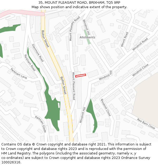 35, MOUNT PLEASANT ROAD, BRIXHAM, TQ5 9RP: Location map and indicative extent of plot