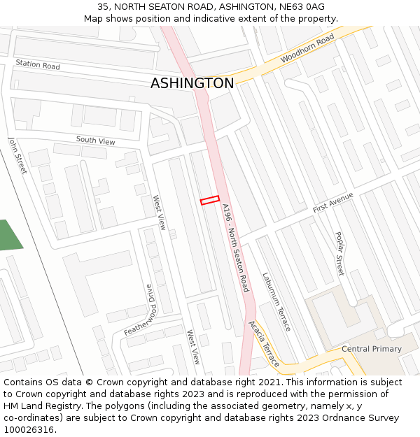 35, NORTH SEATON ROAD, ASHINGTON, NE63 0AG: Location map and indicative extent of plot