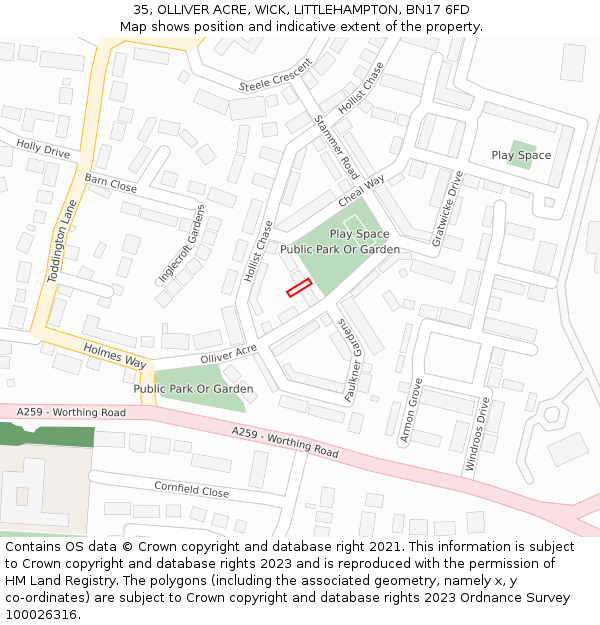35, OLLIVER ACRE, WICK, LITTLEHAMPTON, BN17 6FD: Location map and indicative extent of plot