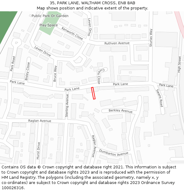 35, PARK LANE, WALTHAM CROSS, EN8 8AB: Location map and indicative extent of plot