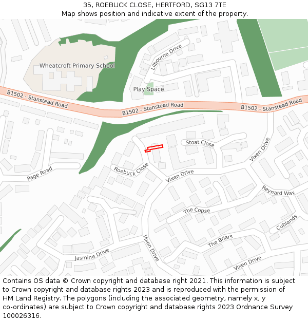 35, ROEBUCK CLOSE, HERTFORD, SG13 7TE: Location map and indicative extent of plot