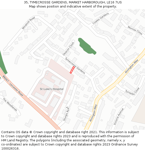 35, TYMECROSSE GARDENS, MARKET HARBOROUGH, LE16 7US: Location map and indicative extent of plot