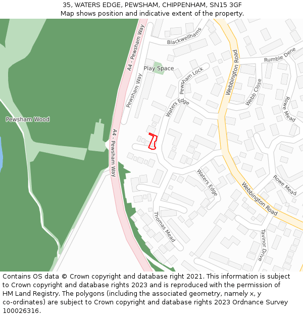 35, WATERS EDGE, PEWSHAM, CHIPPENHAM, SN15 3GF: Location map and indicative extent of plot