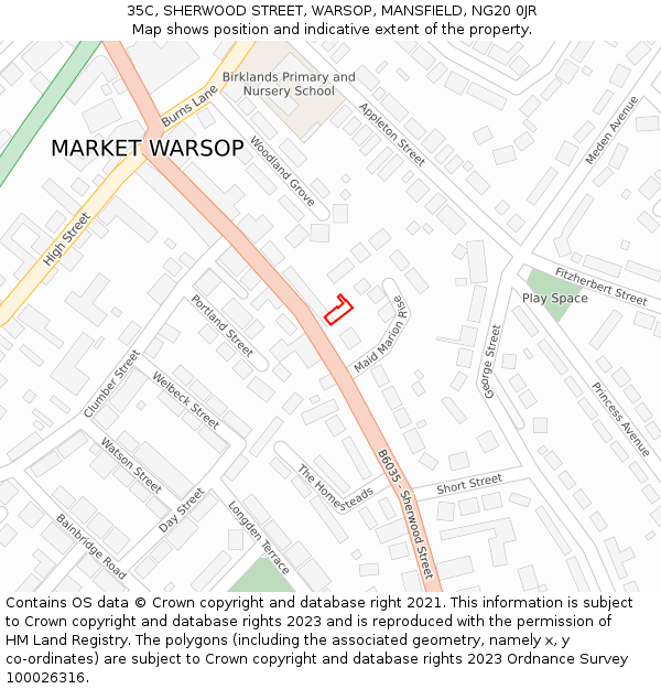 35C, SHERWOOD STREET, WARSOP, MANSFIELD, NG20 0JR: Location map and indicative extent of plot