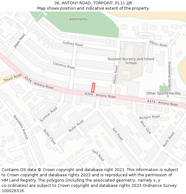 36, ANTONY ROAD, TORPOINT, PL11 2JR: Location map and indicative extent of plot