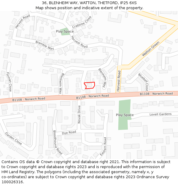 36, BLENHEIM WAY, WATTON, THETFORD, IP25 6XS: Location map and indicative extent of plot