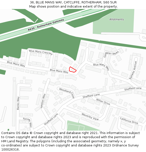 36, BLUE MANS WAY, CATCLIFFE, ROTHERHAM, S60 5UR: Location map and indicative extent of plot