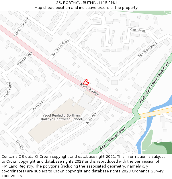 36, BORTHYN, RUTHIN, LL15 1NU: Location map and indicative extent of plot
