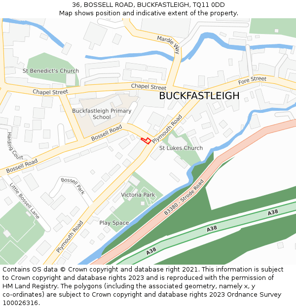36, BOSSELL ROAD, BUCKFASTLEIGH, TQ11 0DD: Location map and indicative extent of plot