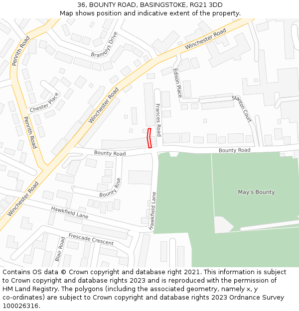 36, BOUNTY ROAD, BASINGSTOKE, RG21 3DD: Location map and indicative extent of plot