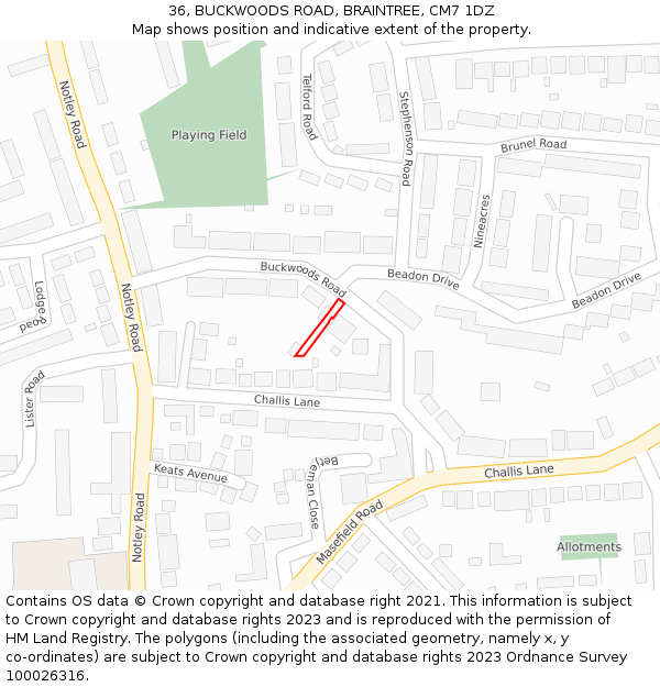 36, BUCKWOODS ROAD, BRAINTREE, CM7 1DZ: Location map and indicative extent of plot