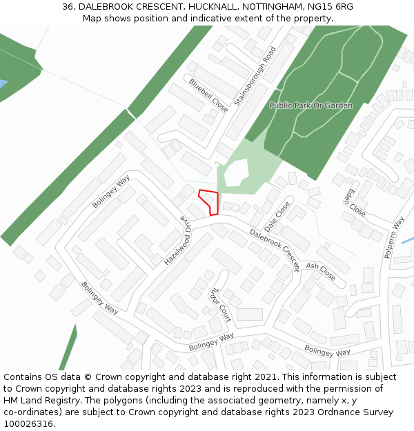 36, DALEBROOK CRESCENT, HUCKNALL, NOTTINGHAM, NG15 6RG: Location map and indicative extent of plot