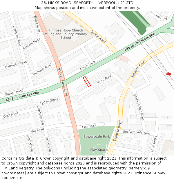 36, HICKS ROAD, SEAFORTH, LIVERPOOL, L21 3TD: Location map and indicative extent of plot