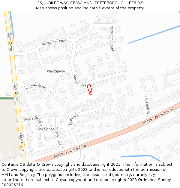 36, JUBILEE WAY, CROWLAND, PETERBOROUGH, PE6 0JS: Location map and indicative extent of plot