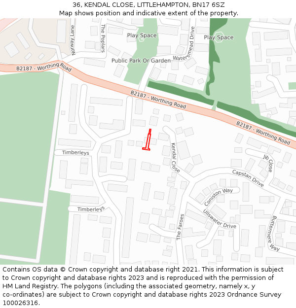 36, KENDAL CLOSE, LITTLEHAMPTON, BN17 6SZ: Location map and indicative extent of plot