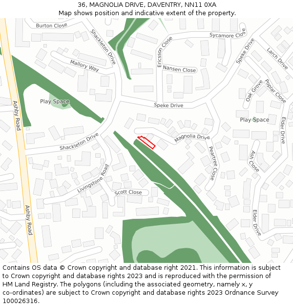 36, MAGNOLIA DRIVE, DAVENTRY, NN11 0XA: Location map and indicative extent of plot