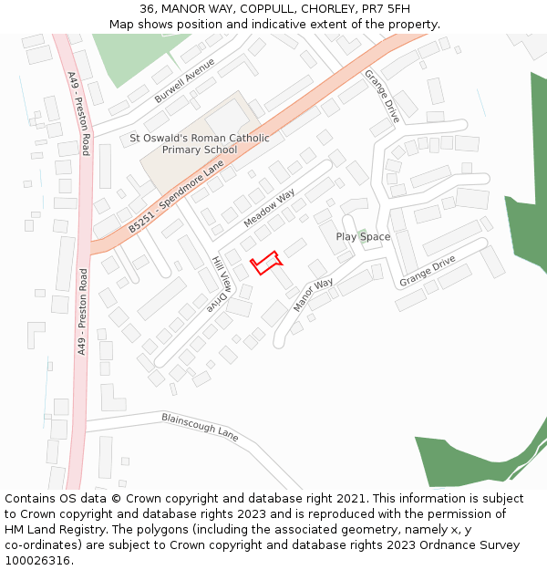 36, MANOR WAY, COPPULL, CHORLEY, PR7 5FH: Location map and indicative extent of plot