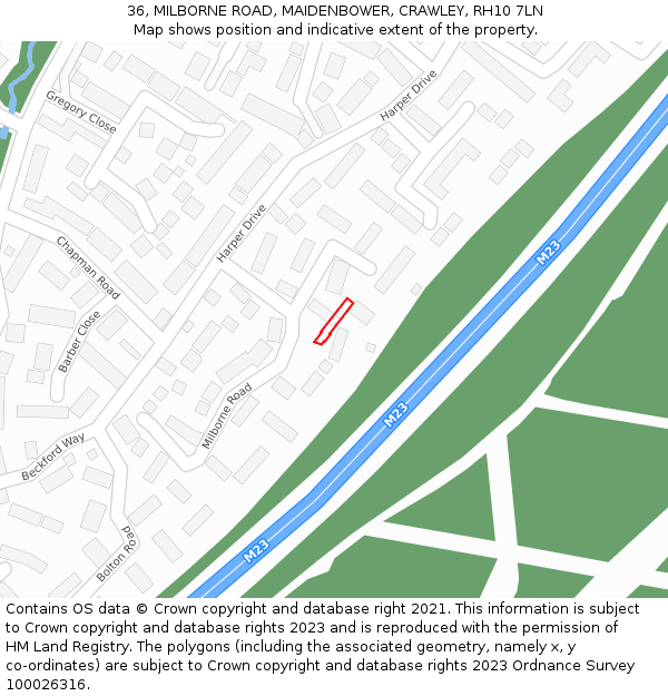 36, MILBORNE ROAD, MAIDENBOWER, CRAWLEY, RH10 7LN: Location map and indicative extent of plot