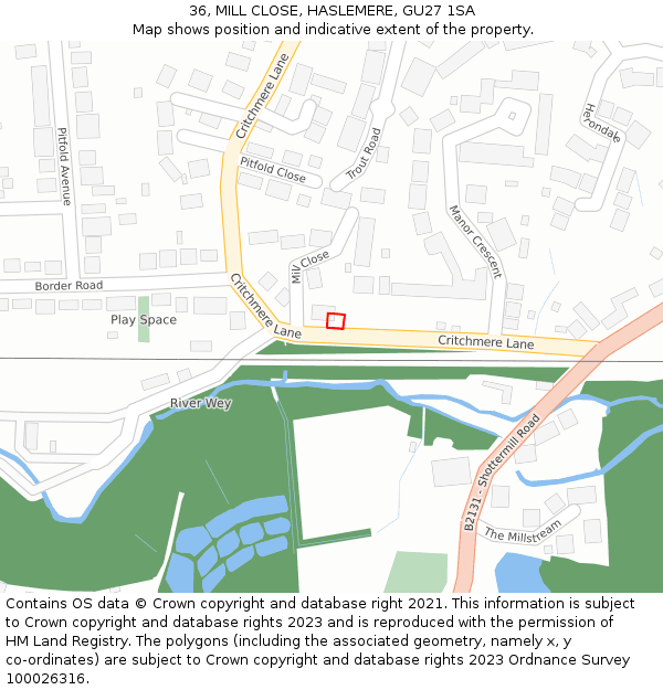 36, MILL CLOSE, HASLEMERE, GU27 1SA: Location map and indicative extent of plot