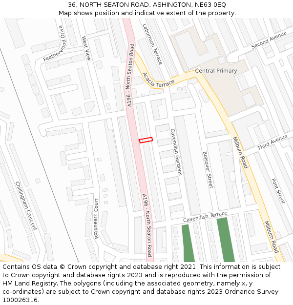 36, NORTH SEATON ROAD, ASHINGTON, NE63 0EQ: Location map and indicative extent of plot