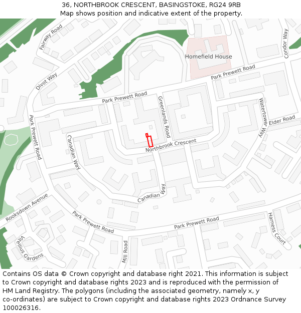 36, NORTHBROOK CRESCENT, BASINGSTOKE, RG24 9RB: Location map and indicative extent of plot